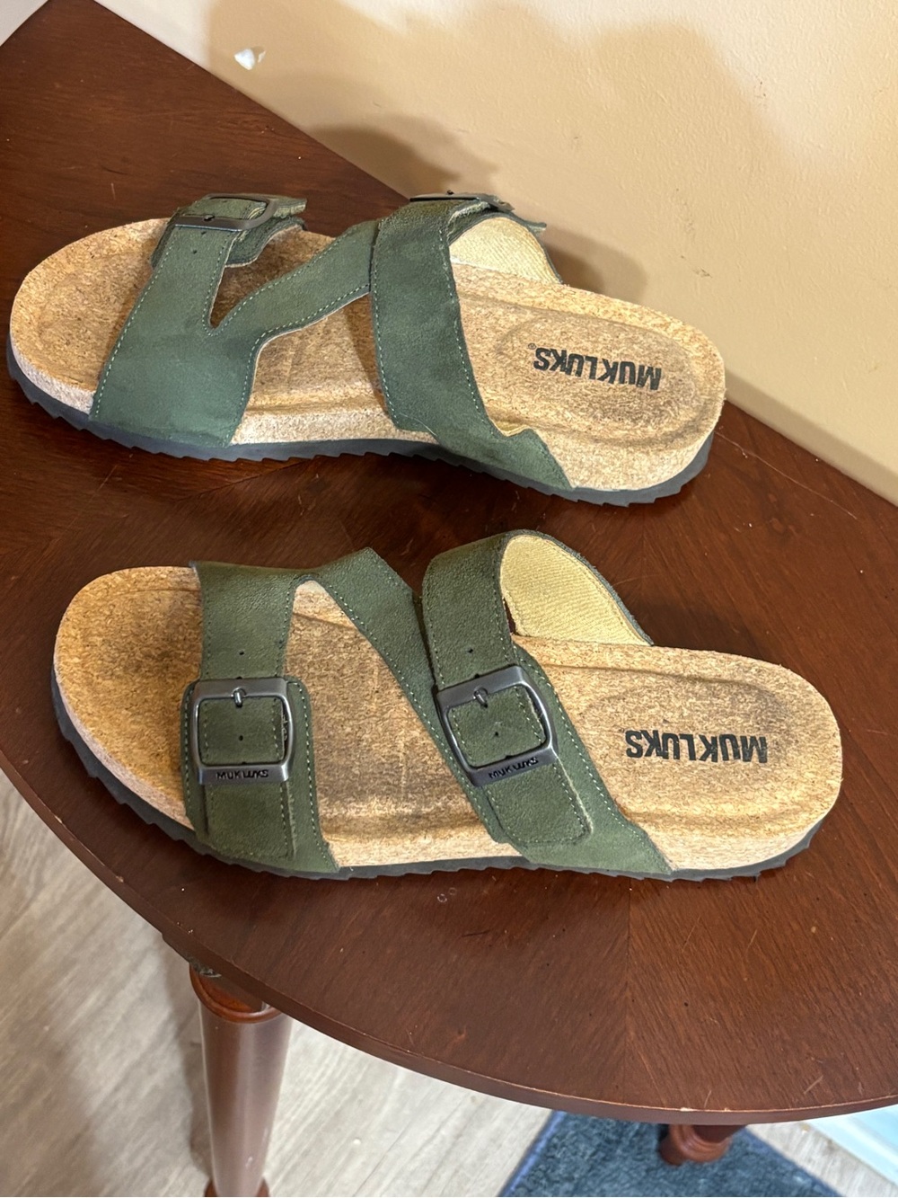Muk Luks Olive Green Suede Buckle Slide Sandals Super Cute - Picture 4 of 6